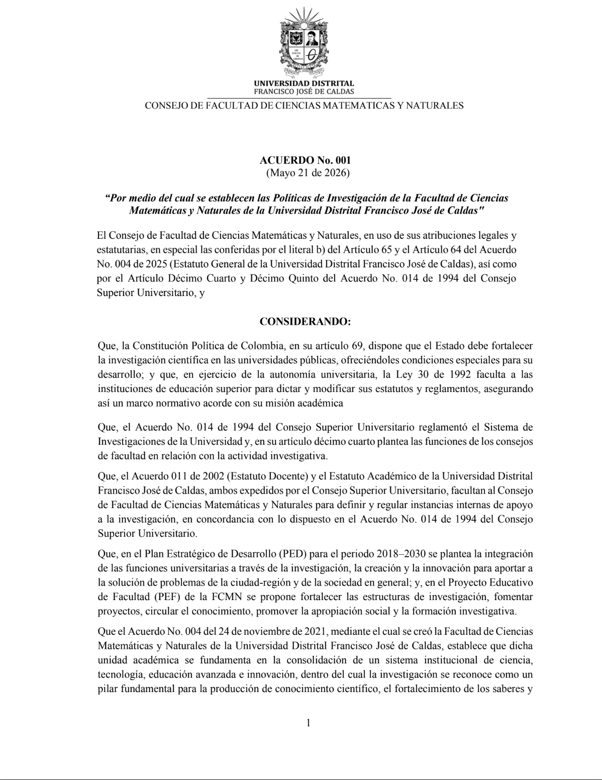 ACUERDO No. 001 (Mayo 21 de 2026)